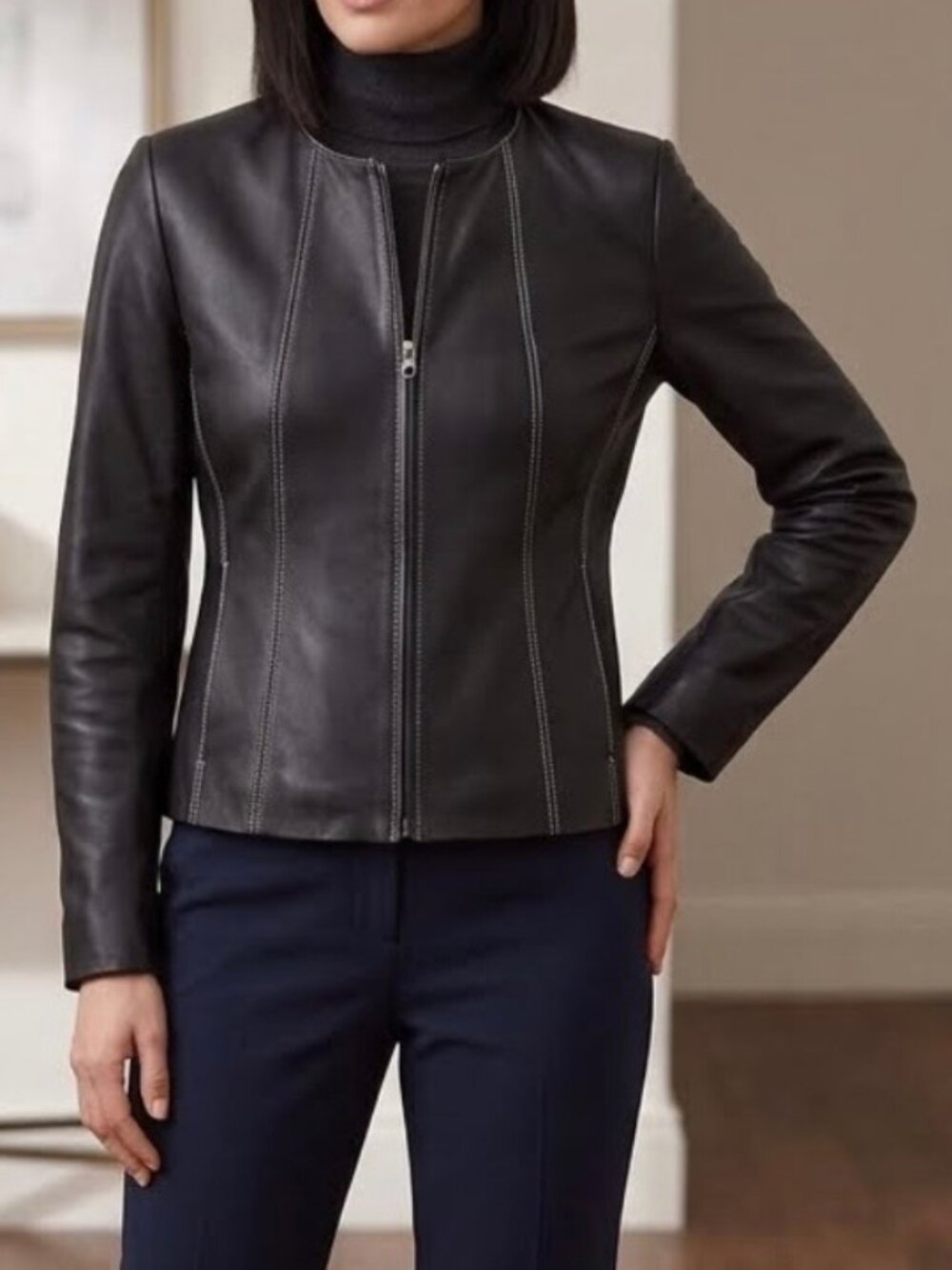 100% Lambskin Neiman Marcus Zip-Front Jacket Black